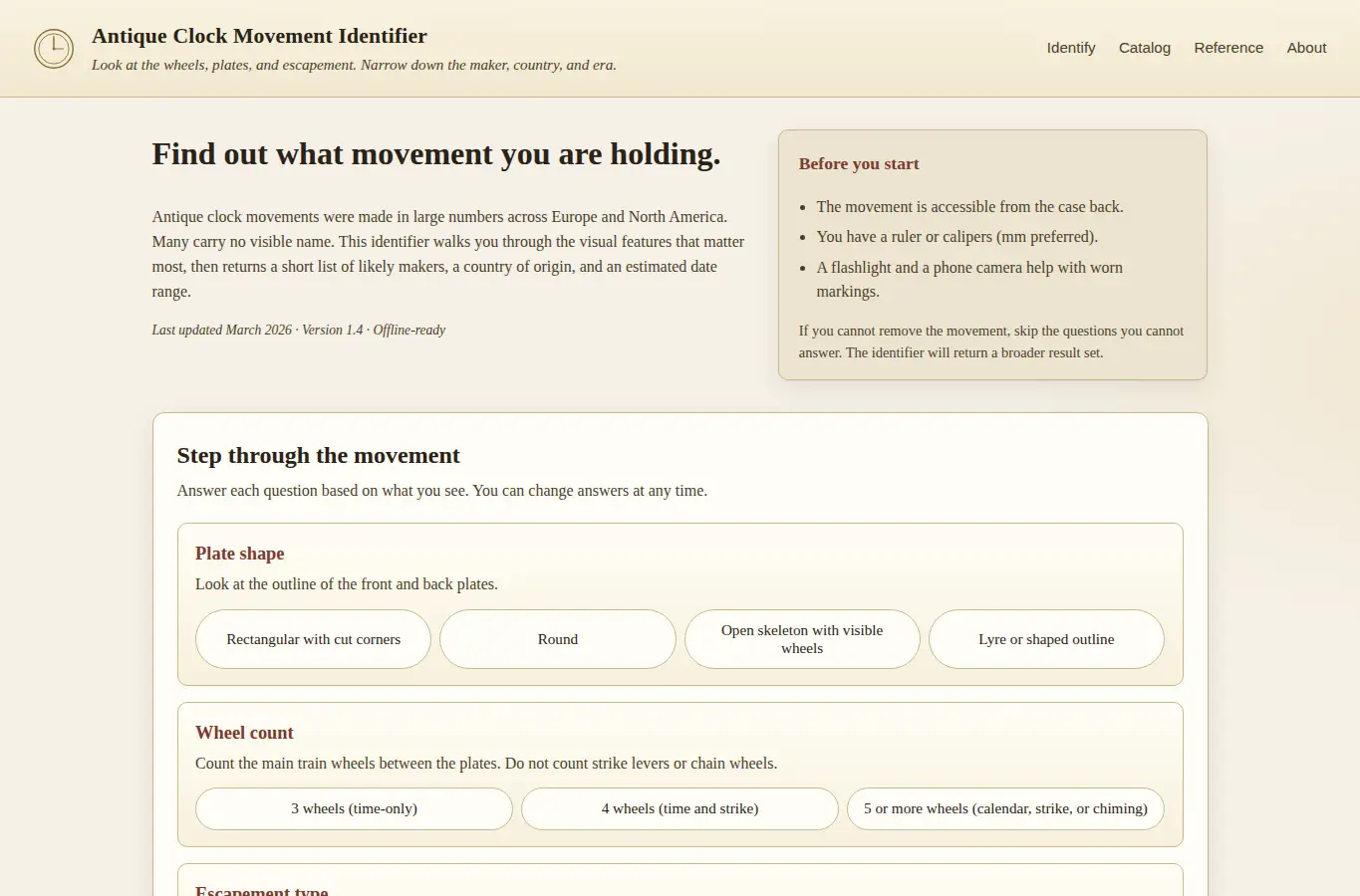 Screenshot of Antique Clock Movement Identifier interface showing the project page in use